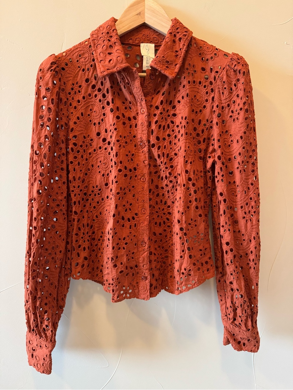 Joie Women’s Rust Orange Eyelet Button-Down Long Sleeve Shirt Size Small